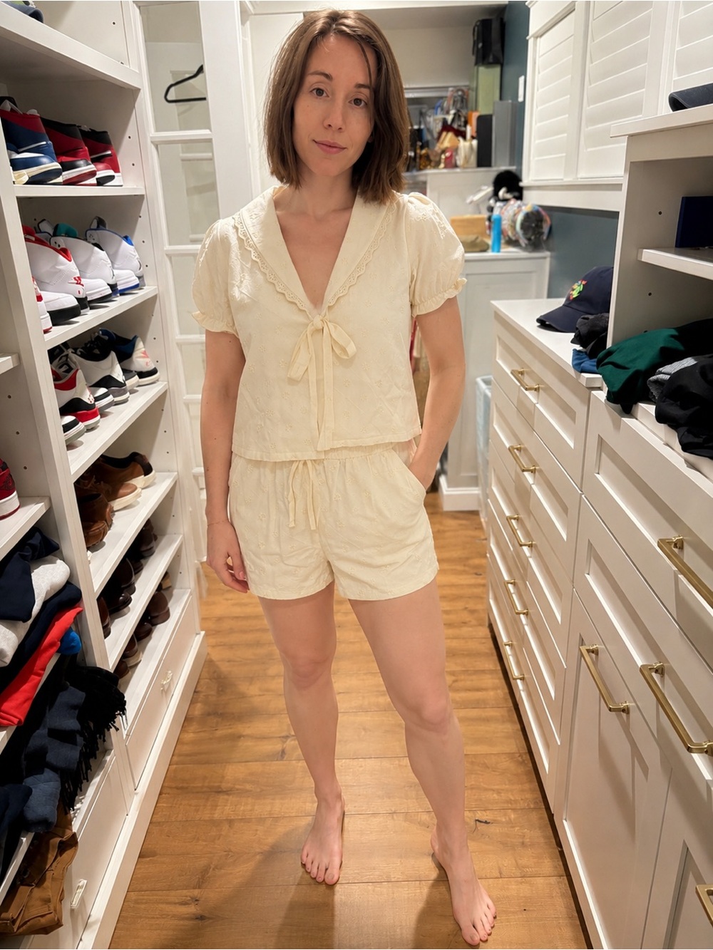 NWT Caroline Constas Cream Eyelet Tie-Front Top/Short Set